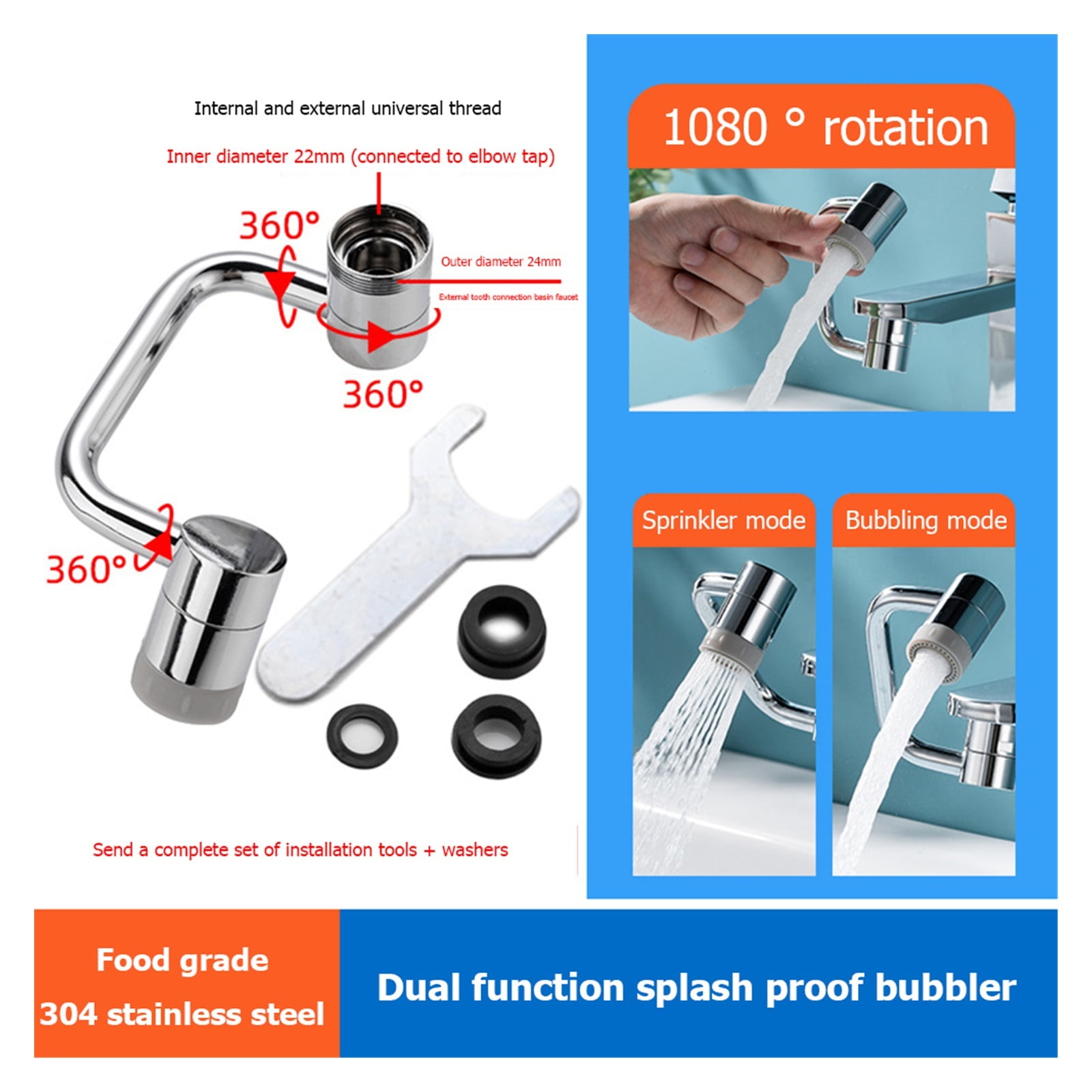 Universal 1080° Rotation Extender Faucet Aerator Plastic Splash Filter Kitchen Washbasin Faucets Bubbler Nozzle Robotic Arm ,Water Saving
