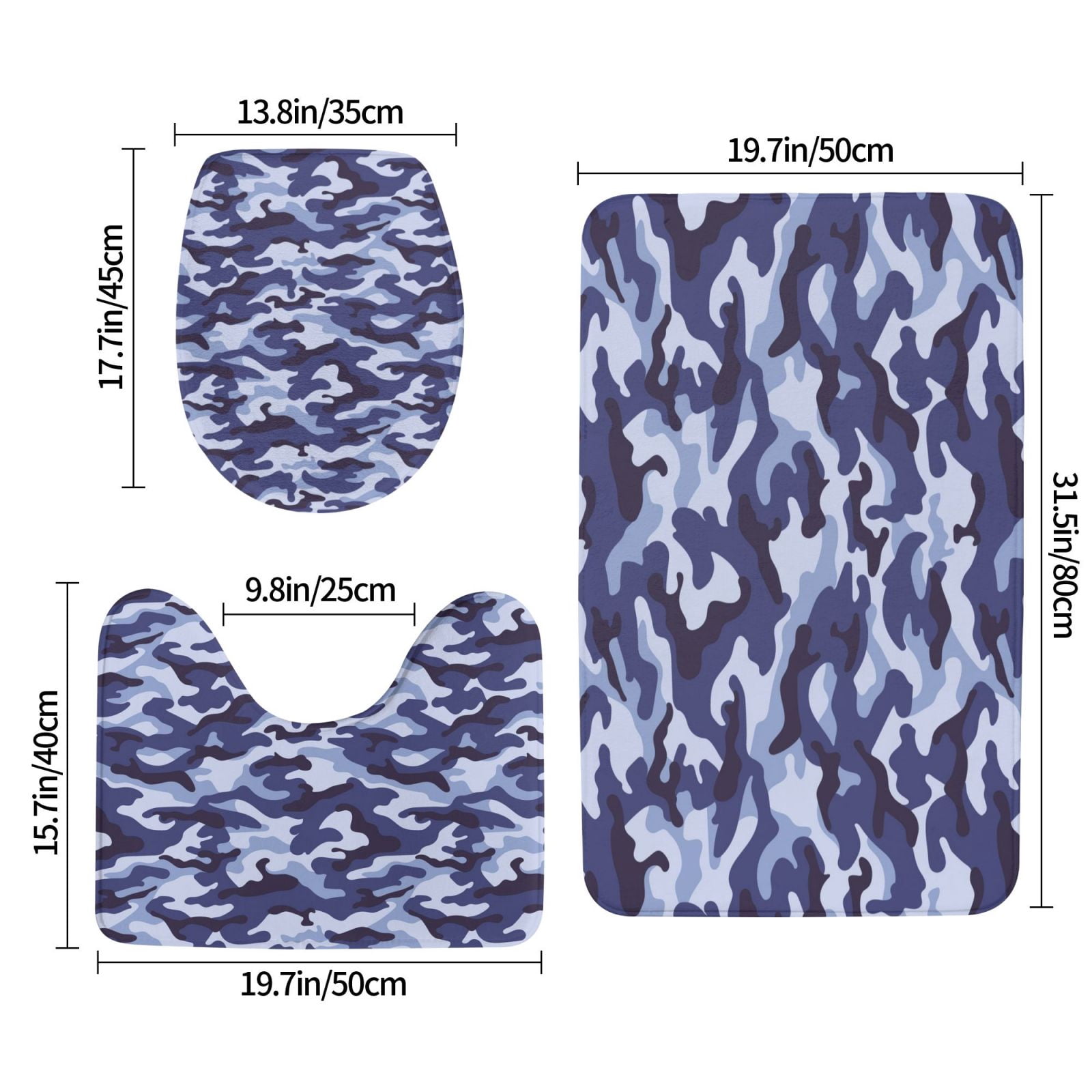 Bathroom Rugs Sets 3 Piece - Camouflage Blue Absorbent Non Slip Bath Mats, U-Shape Toilet Lid Cover, Contour Mat, Soft Washable Shower Mats Bath Rug Mat for Bathroom Tub Toilet