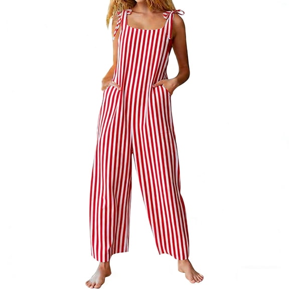 MDUKONU Women's Red White Striped Spaghetti Strap Jumpsuit, Tie Shoulder Wide Leg Casual Romper with Pockets Red S
