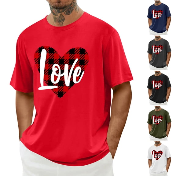UVEASISHA Mens Valentine's Day Shirt Plaid Love Heart Print T-Shirts Summer Short Sleeve Crewneck Graphic Tees Regular Fit Fashion Vacation Tshirt Red XXL