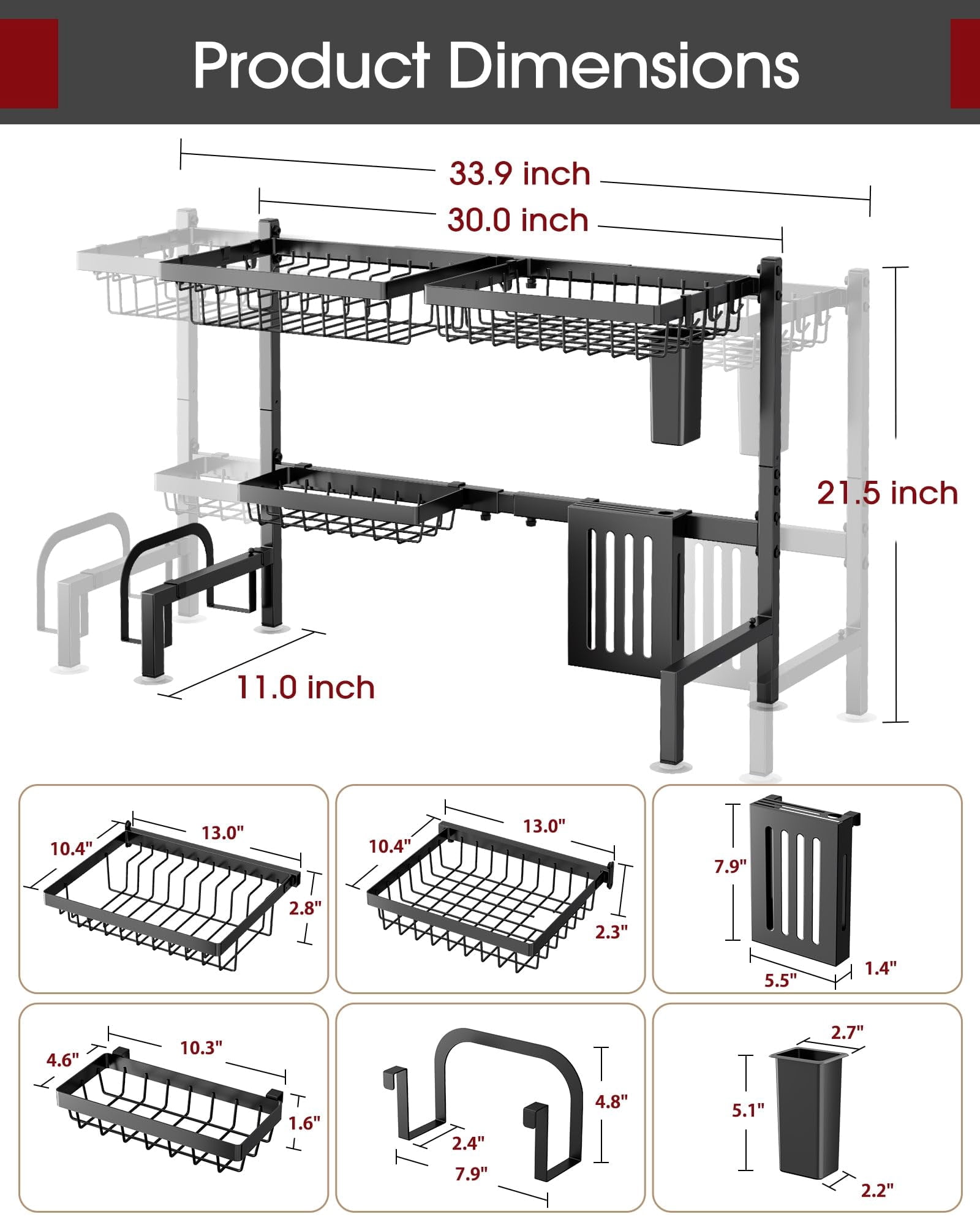 Over The Sink Dish Drying Rack - Adjustable 2 Tier Large Capacity Stainless Steel Drainer With Cutlery & Utensil Holders  Kitchen Storage Organization 30"-33.9" L X 11" W 21.5" H Black