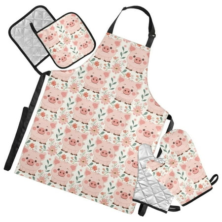 

5 Pcs Kitchen Set Heat Resistant Oven Mitts and Non-Slip Pot Holders with Adjustable Cooking Apron Cartoon Pig with Flower