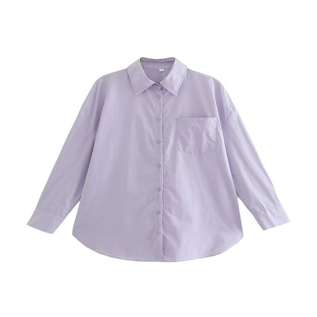 Women‘s Long Sleeve Shirt Solid Color Turn-Down Collar Button-Down Loose Fit Blouse Casual Simple Style Tops