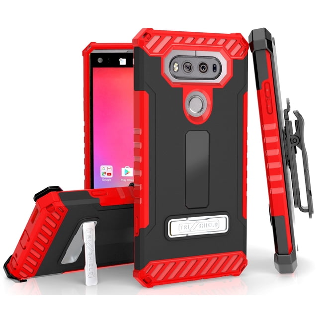 RED TRI-SHIELD RUGGED CASE COVER with MAGNETIC KICKSTAND + BELT CLIP HOLSTER + LANYARD STRAP FOR LG V20 PHONE (VS995, LS997, H918, US996, 6505A, H990, F800)