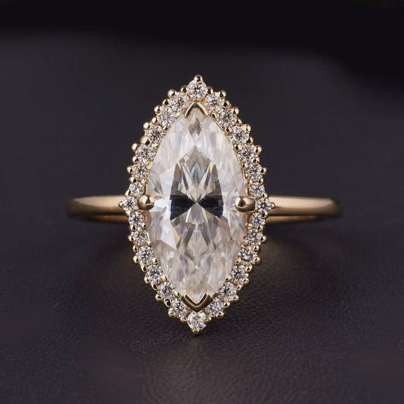 Cora Jewellery 1.5 CT Marquise Moissanite Halo Engagement Ring For Women, 14K Yellow Gold