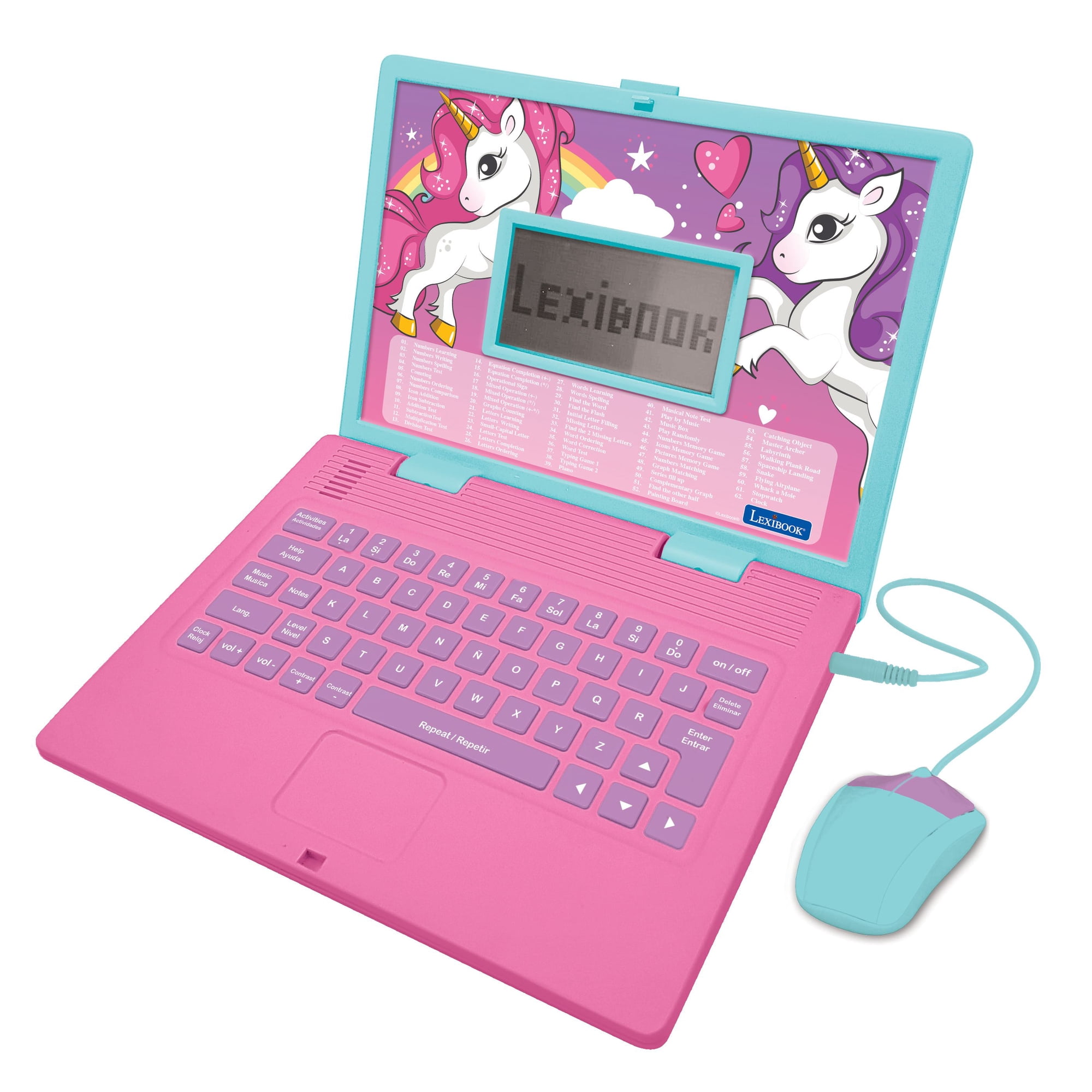 Lexibook Unicorn Bilingual Laptop, EN/ES, 124 Activities, Kids