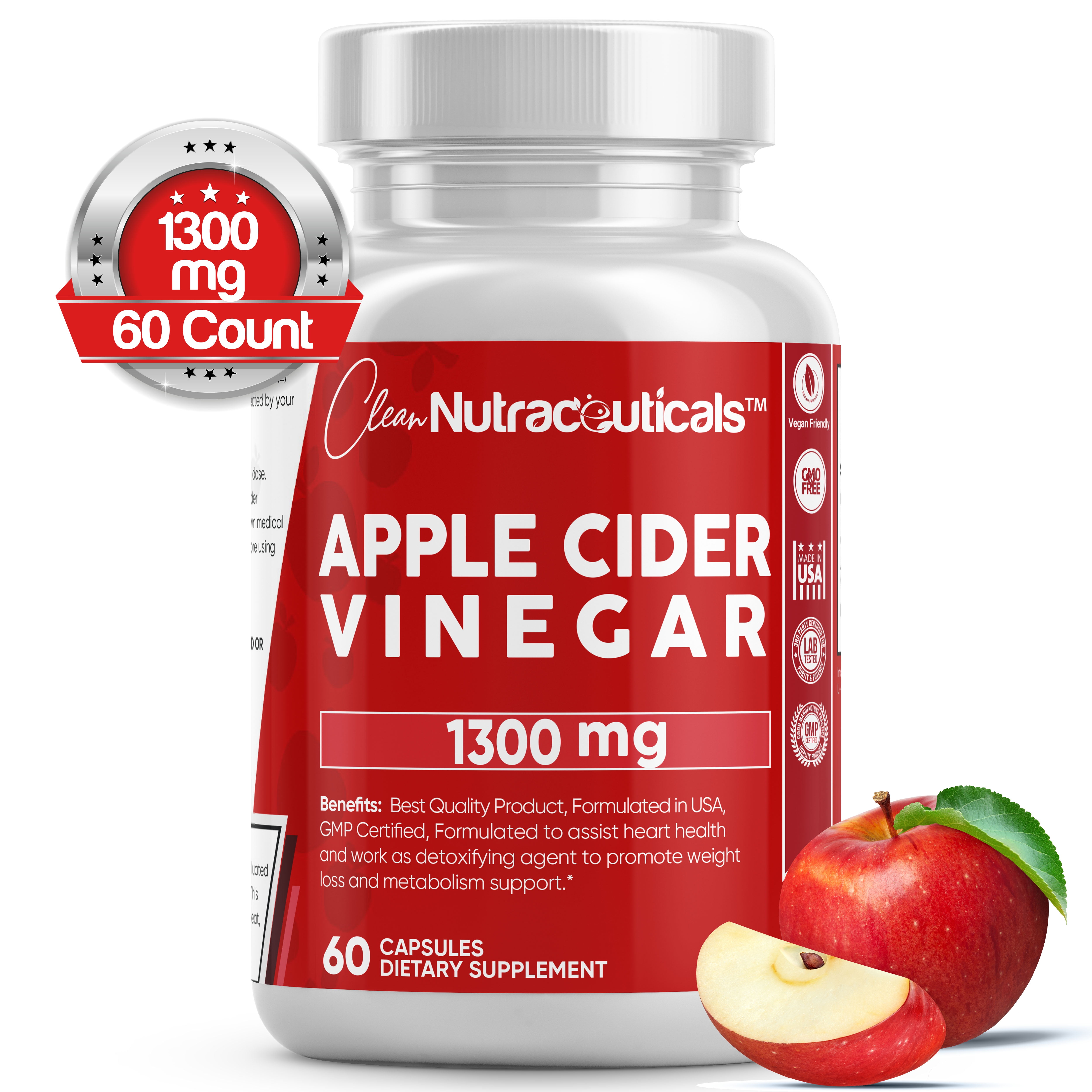 Clean Nutraceuticals Apple Cider Vinegar Capsules Fat Burner Pills 1300mg Maximum Strength