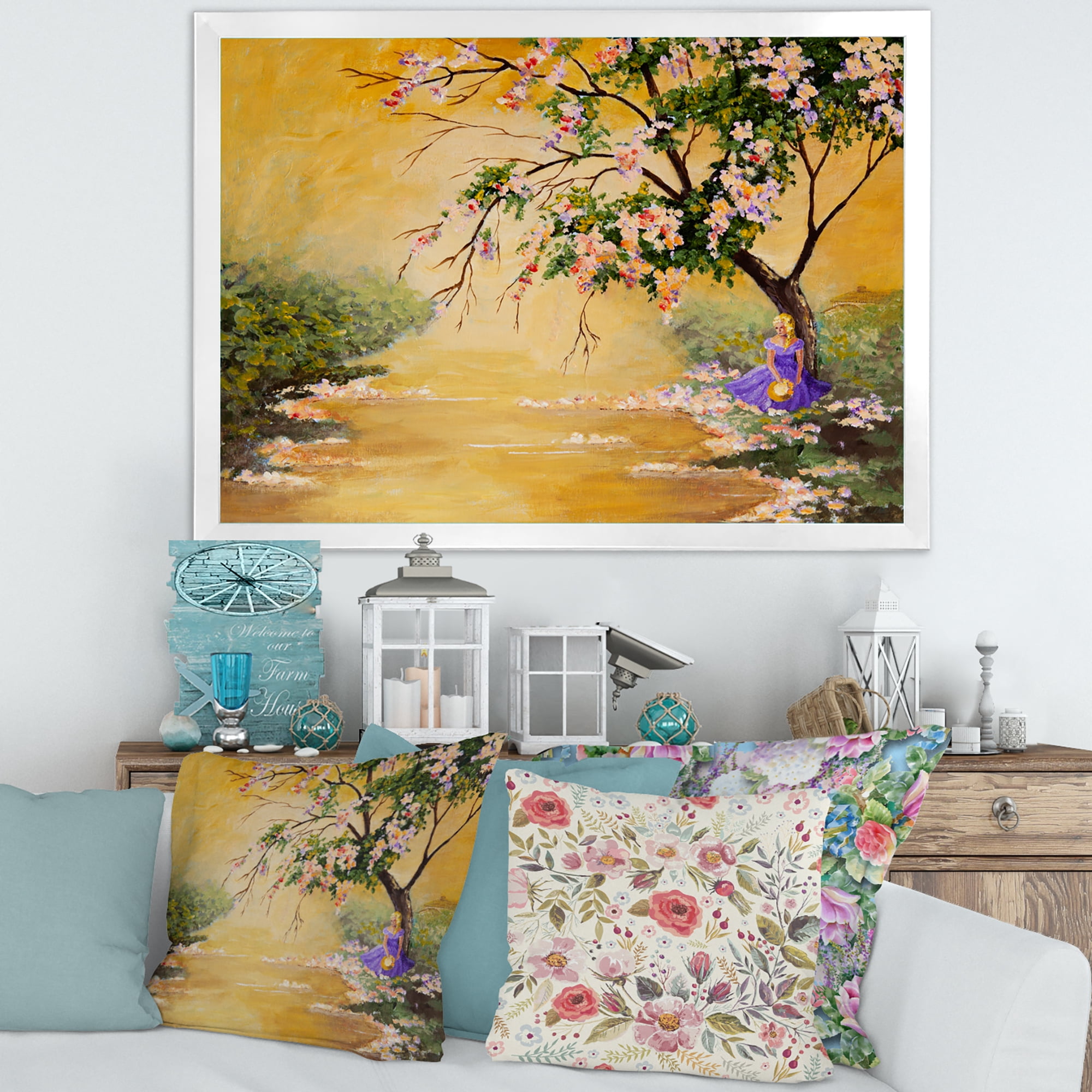 Beautiful Girl Standing By The Flowering Tree 32 in x 24 in Framed Painting Canvas Art Print, by Designart