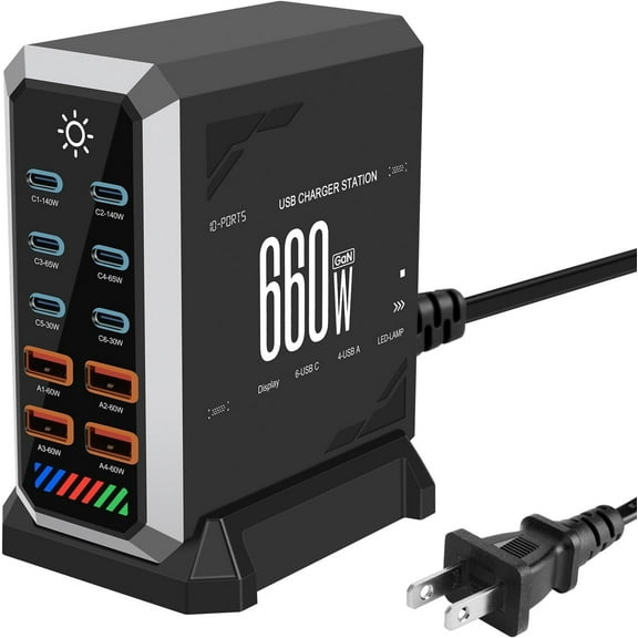 660W Charging Station for Multiple Devices, 10 Ports GaN III USB C Fast Charger Block, USB C Fast Charging Hub Organizer Compatible with All Phones and Computers for Home Office Travel, Black