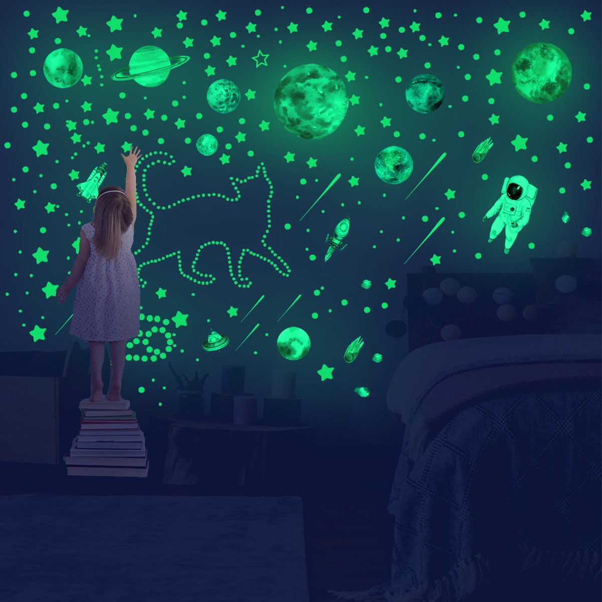Seenda Glow in The Dark Stars Wall Stickers, Glowing Planets Astronaut Adhesive Stickers for Kids Bedroom, 849PCS Shining Galaxy Ceiling Decals , Solar System Space for Room Decorations