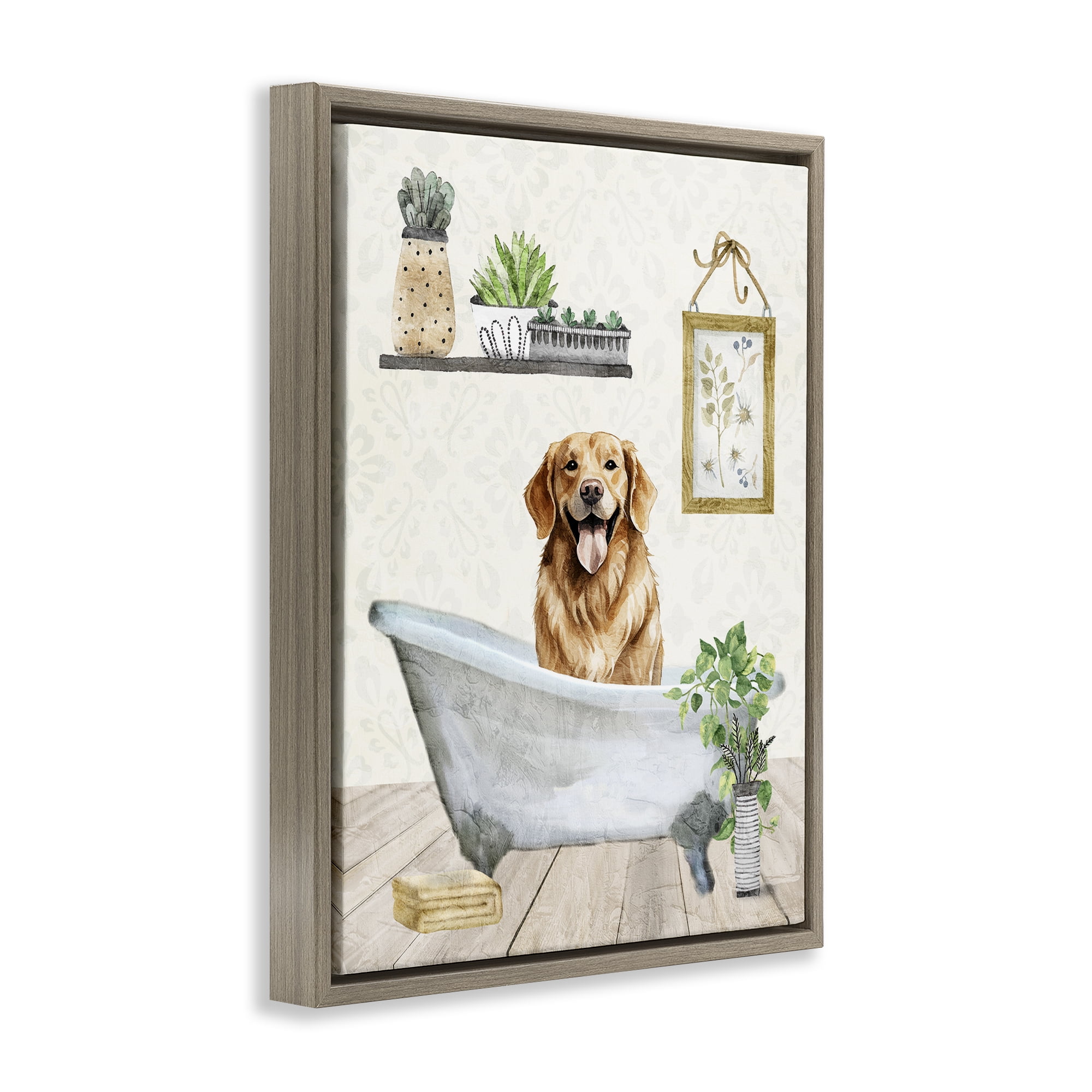 Stupell Industries Doggie Bath Time Bath & Laundry Painting Brown Floater Framed Canvas Art Print Wall Art, 17 x 21