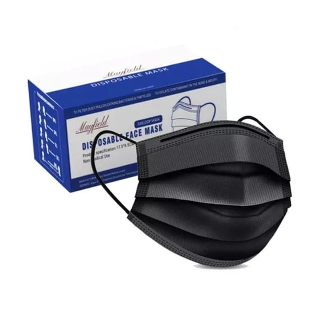 Cubrebocas Tricapa Mayfield color Negro para Adulto 50 Piezas con Ajuste Nasal