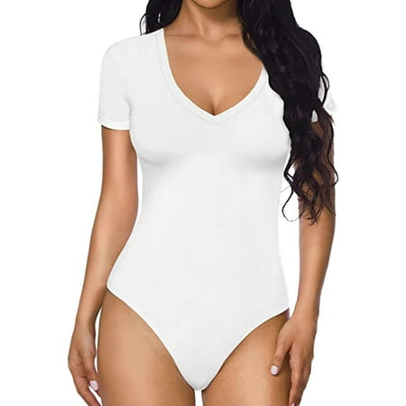 

Rompers For Women Summer Petite Tight Solid Color V Neck Short Sleeved Bodysuit Womens Jumpsuits Summer Floral White S