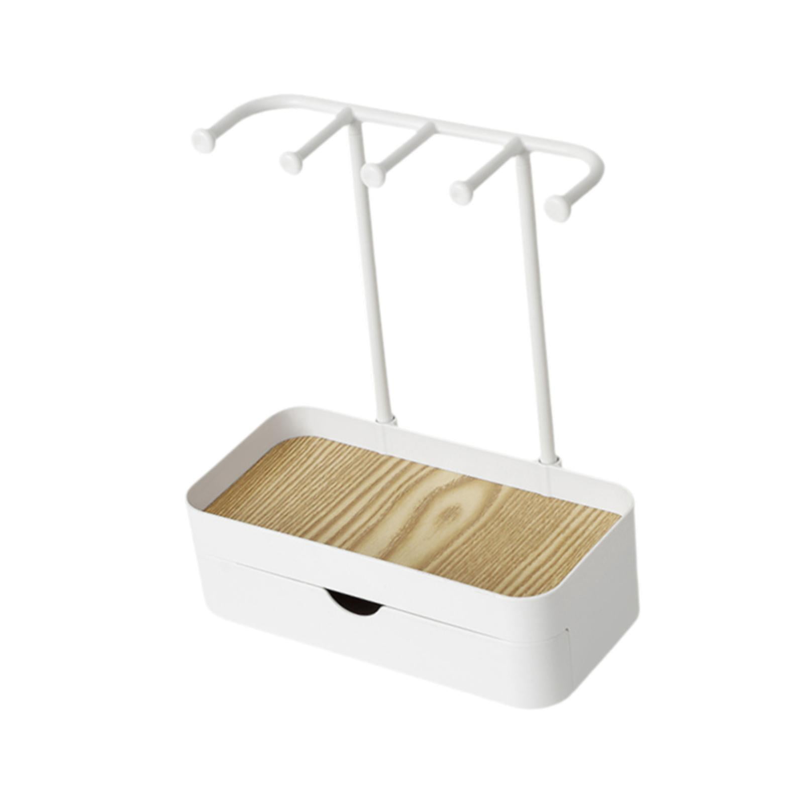 FVDPWYE Hanging Jewelry Stand Organizer with Wooden Tray Keychain 5 Hooks Storage Drawer White