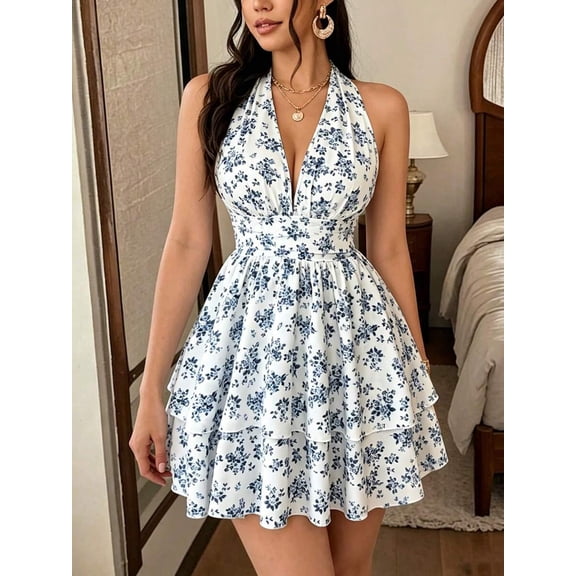 Blue And White Floral Print Halter Neck Sleeveless Fit & Flare Mini Dress For Women