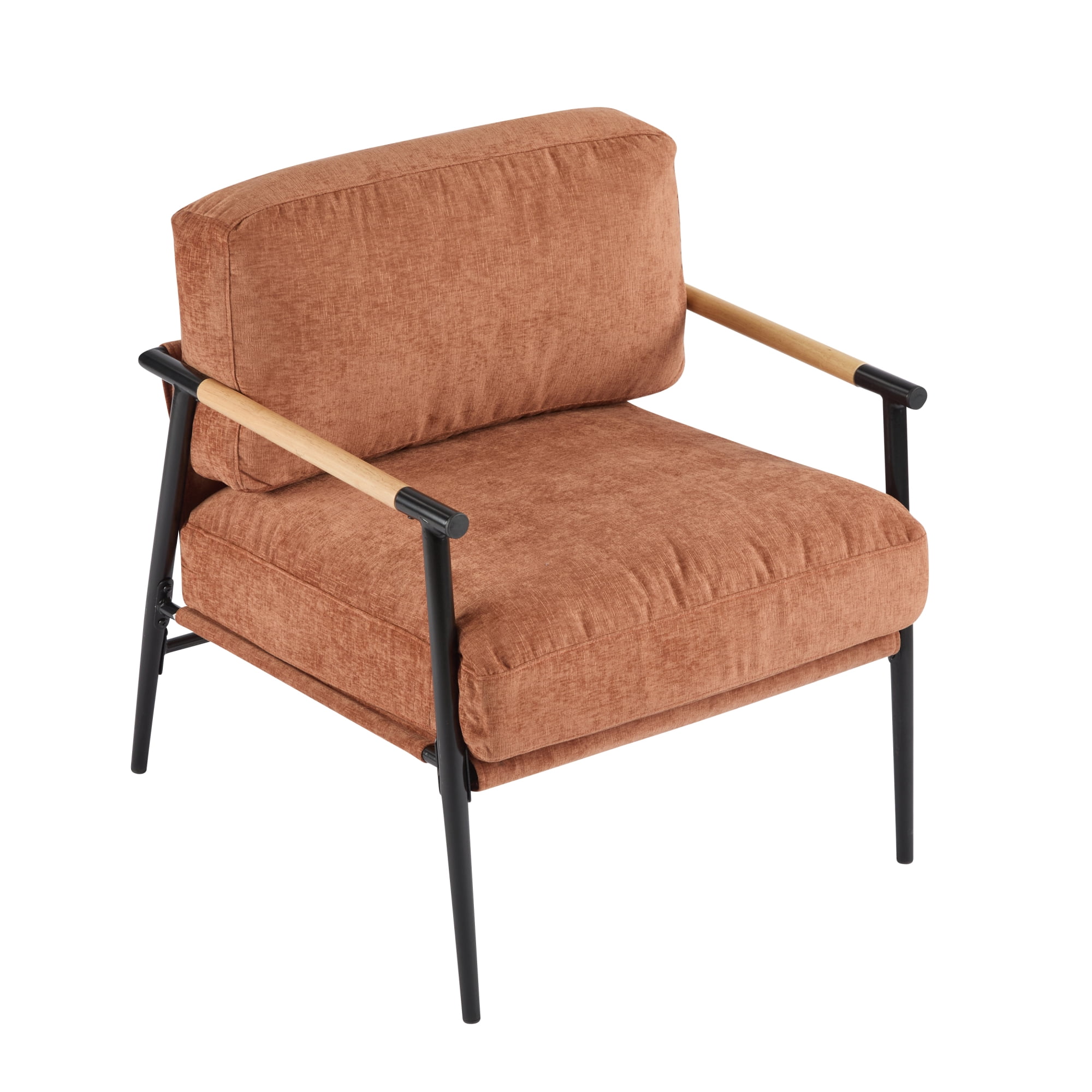 Leumius Modern Accent Chair with Plush Cushions, Minimalist Metal Frame and Wooden Armrest Design for Living Room Bedroom Office Orange