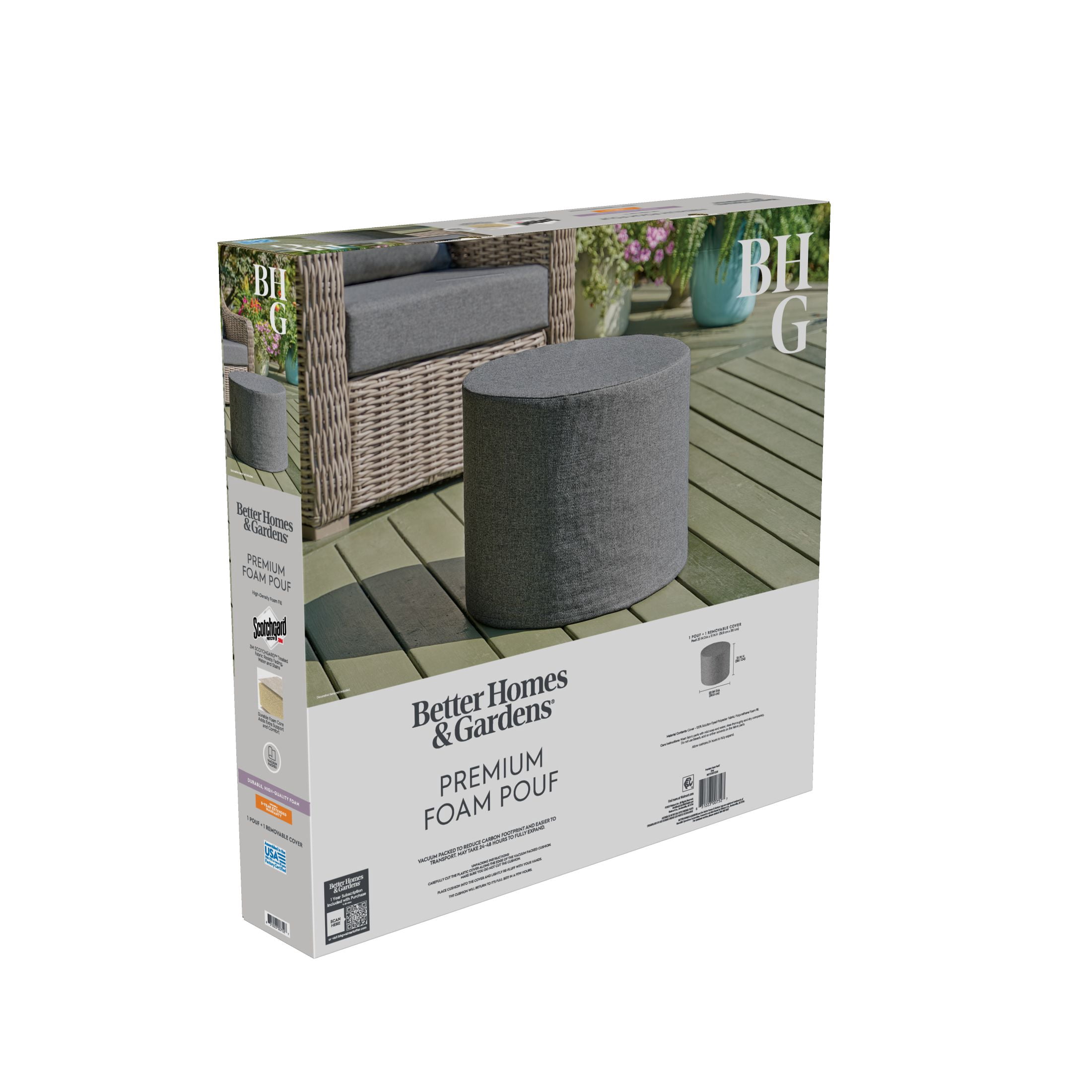 Better Homes & Gardens 20" Round Outdoor Pouf Ottoman, 1-Piece, Grey