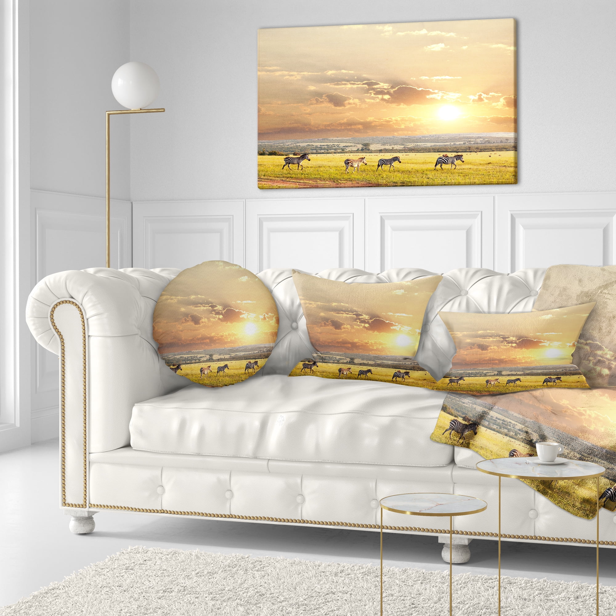 Designart Zebras Wandering in African Prairie - Landscape Printed Throw Pillow - 12x20
