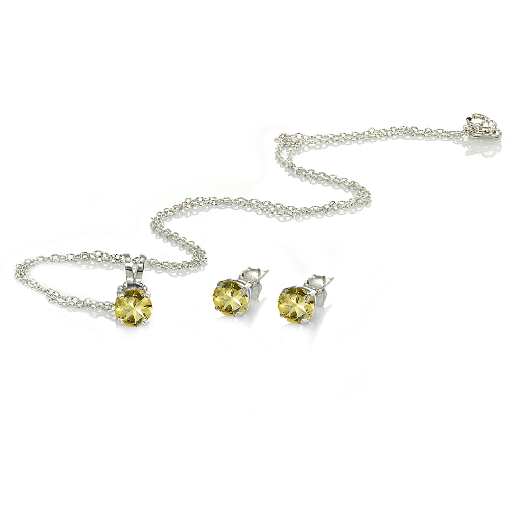 Sterling Silver Citrine 5mm Round Solitaire Pendant Necklace & Stud Earrings Set