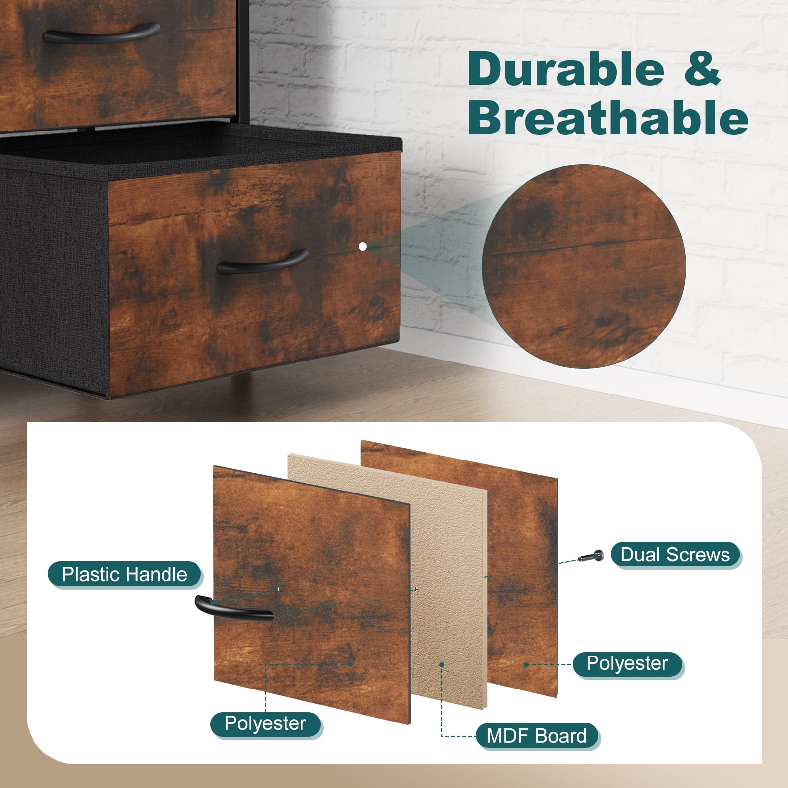 JIOABL 8 Drawer Chest Organizer with Fabric Bins, Dresser for Bedroom, Tall Steel Frame, Rustic Brown