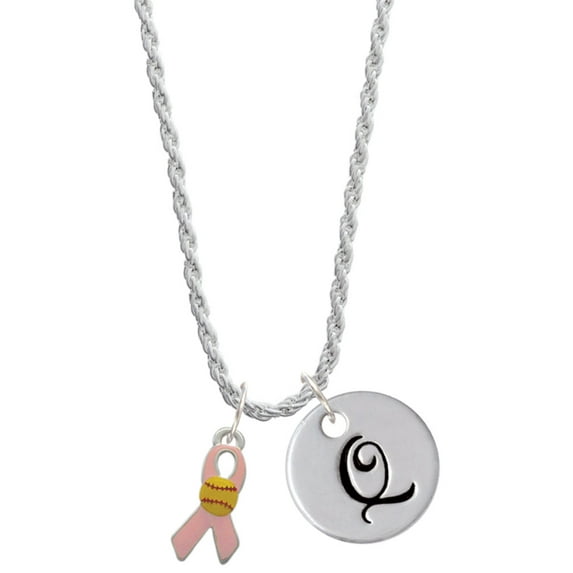 Delight Jewelry Silvertone Pink Ribbon with Softball Silvertone Script Initial Disc - Q - Charm Necklace, 20"+3"