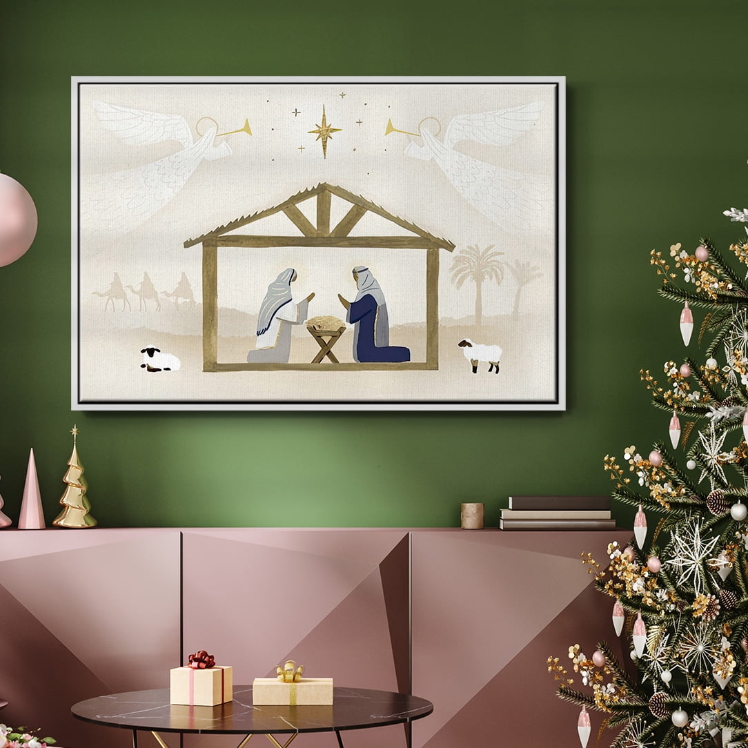Away in a Manger Collection A - Framed Gallery Wrapped Holiday Canvas - 17 x 25 - White Frame