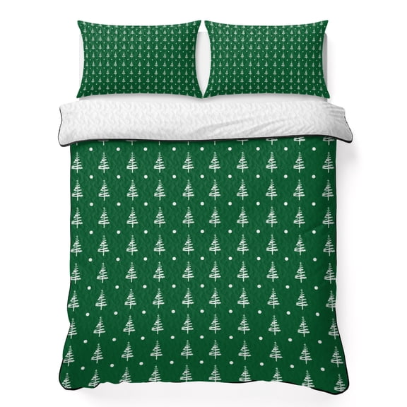 Quilts Queen Size Bedding Set, Green Christmas Lightweight Quilted Comforter, Xmas Pine Trees Dots Modern Minimalist Soft Reversible Bedspread Coverlet with Pillow Covers for All Season, 90" x 96"