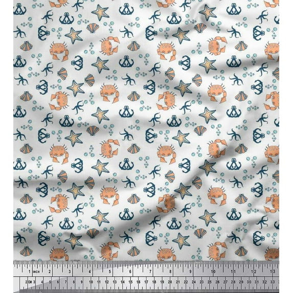 Soimoi Cotton Cambric Fabric Anchor Hook,Crab & Starfish Ocean Print Fabric by Yard 56 Inch Wide