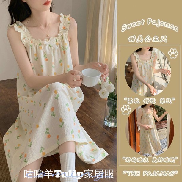 Camisón con lazo para mujer, ropa de dormir con estampado Floral de tulipán, vestido de noche coreano, ropa de dormir de verano con tirantes finos para el hogar