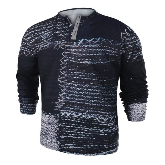 HOLEI Men's Long Sleeve Plaid Printed Button Fashion Casual Crew Neck T Shirt, Black 2XL