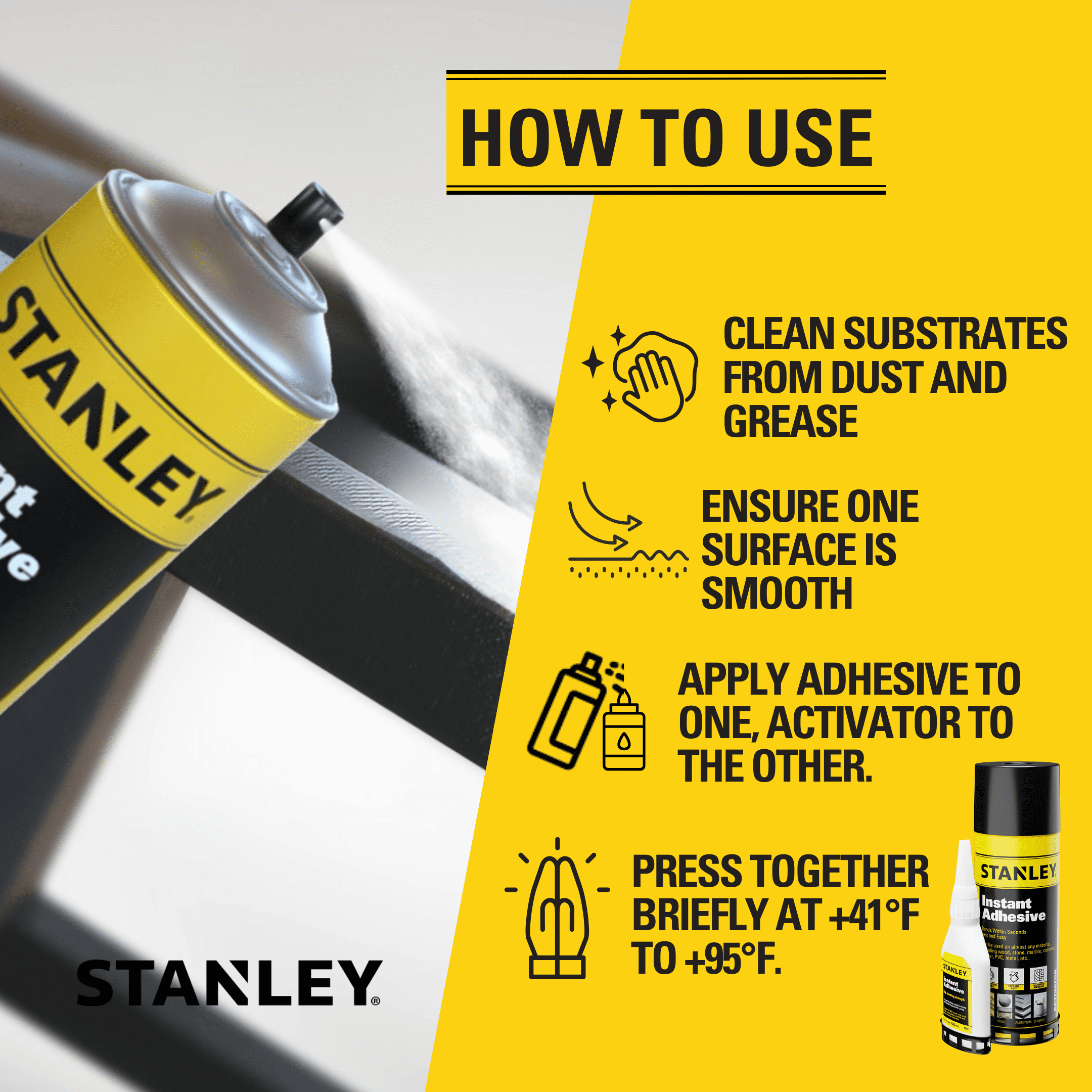 Stanley CA Glue with Activator Bundle, (3.4 oz. - 13.5 fl oz.) 6 Pack