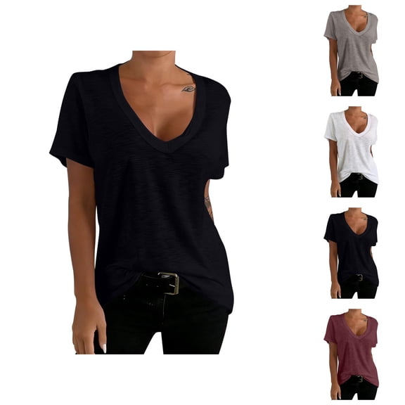 T Shirts for Women Short Sleeve Plain Deep V Neck T-Shirts Undershirt Summer Tees