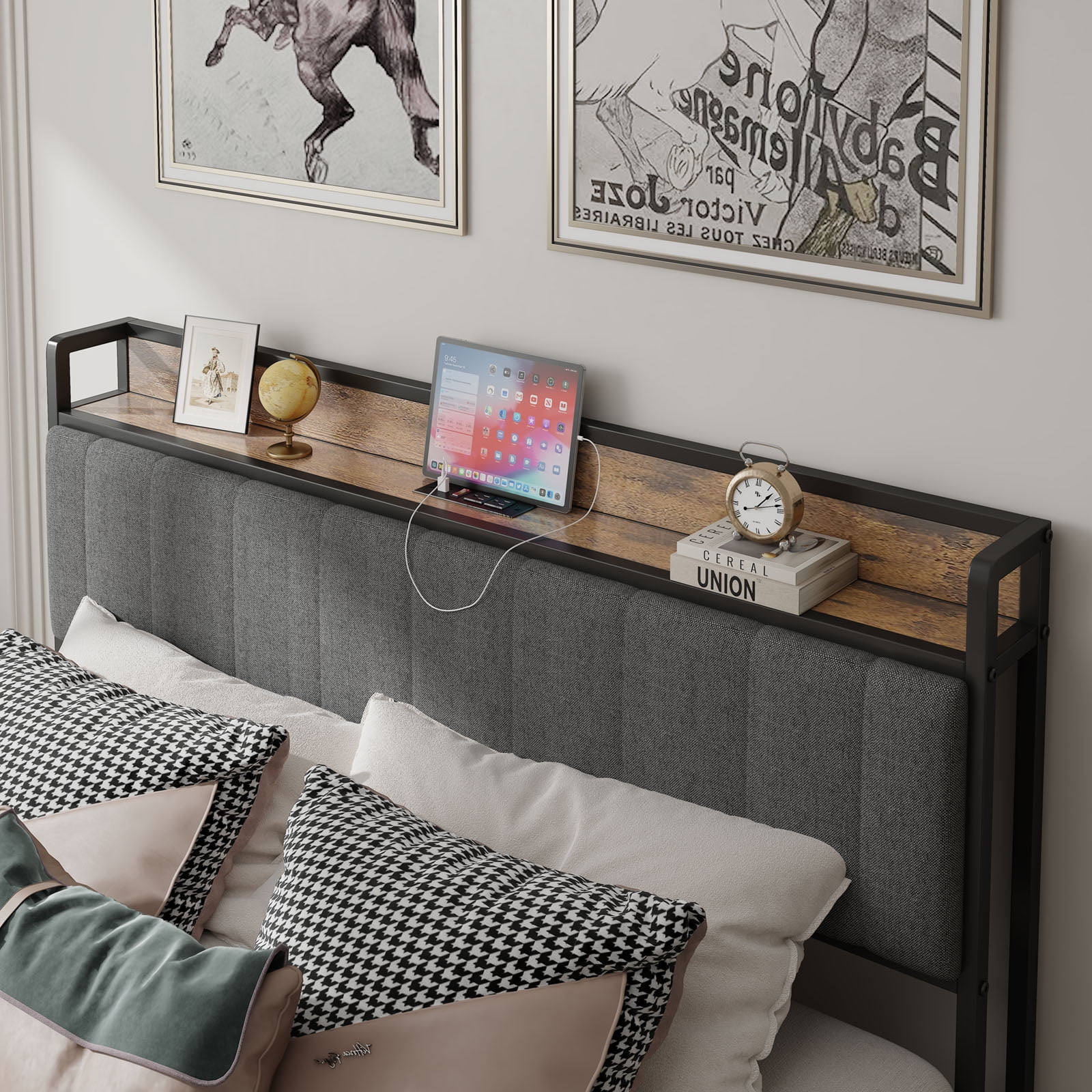 Yoneston Queen Size Metal Bed Frame with Upholstered Headboard and Charging Station for Adults, No Box Spring Needed, Dark Gray