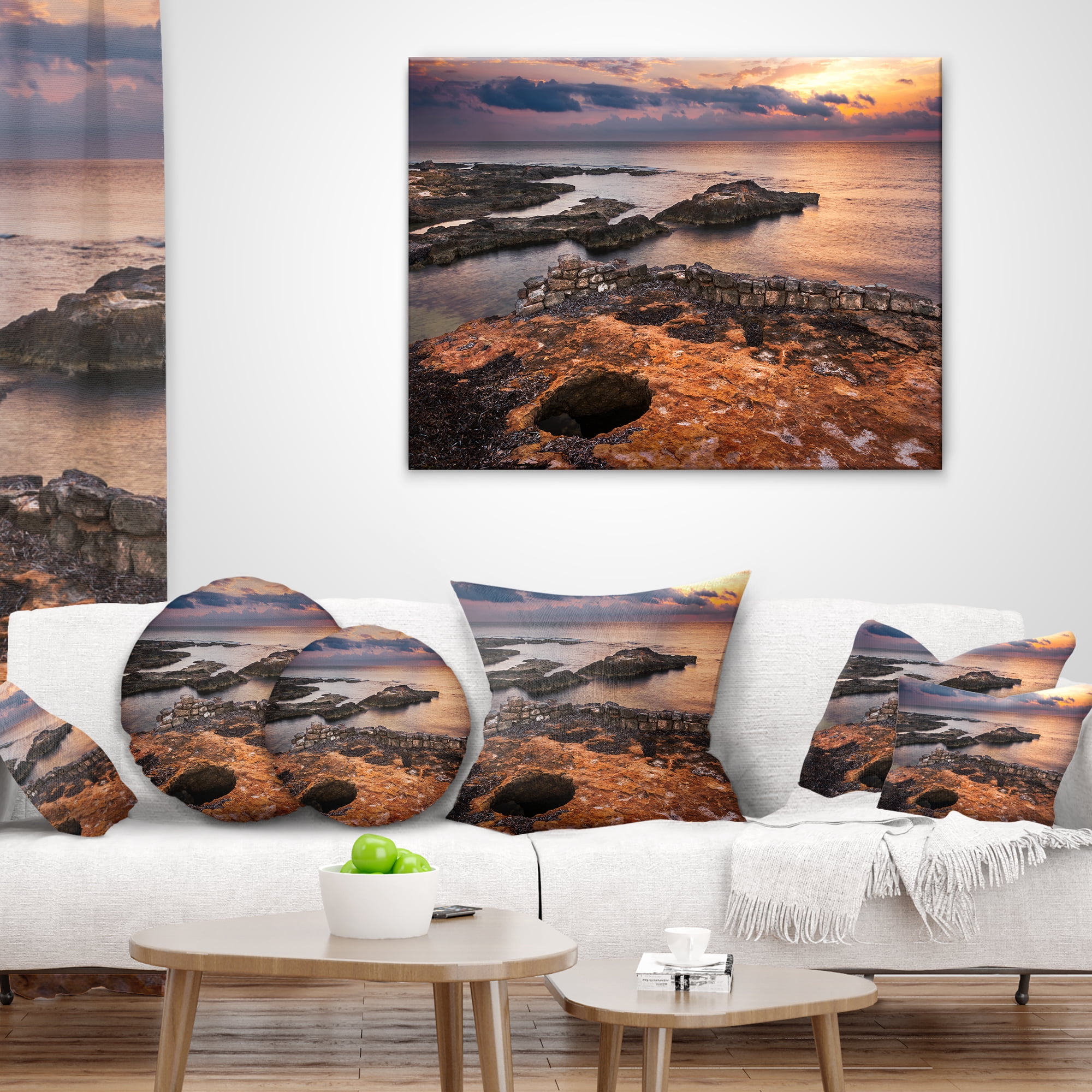 Designart Ancient Ruins on Beach Sunset - Oversized Beach Throw Pillow - 16x16
