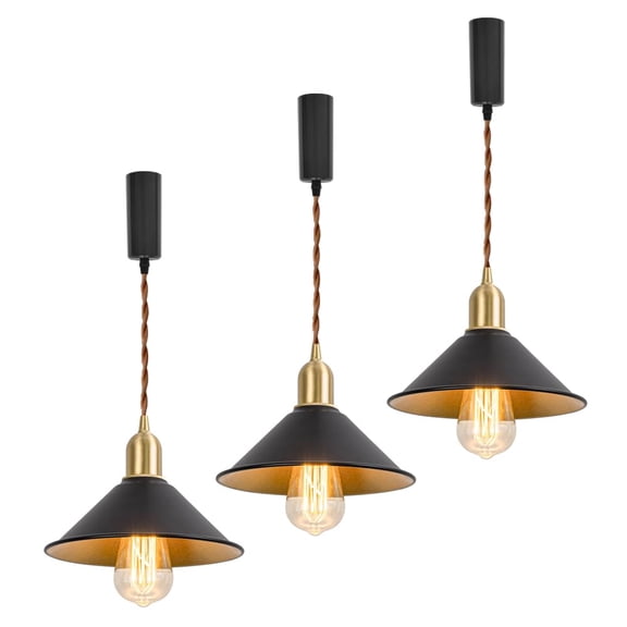 KAYYELAMP Set Three Track Light E26 Brass Base Black Outer Gold Inner Shade Retro Design 3.2 Ft Adjusted Cord H-Type Track Hanging Light for Farmhouse Kitchen Sink Home(No Bulb, Track)