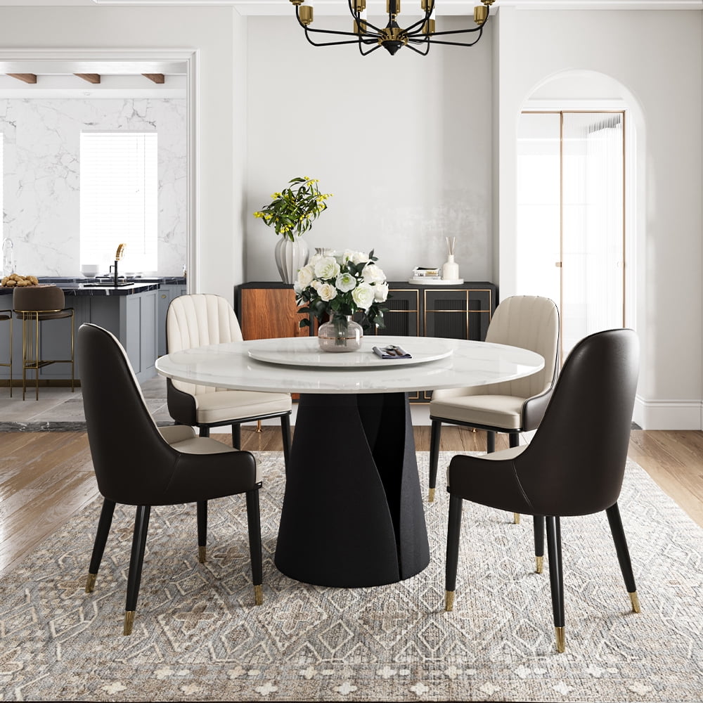 POVISON 47"Modern Round White Kitchen Dining Table For 4 With Lazy Susan, Glossy Sintered Stone Tabletop, Solid Black Carbon Steel Base