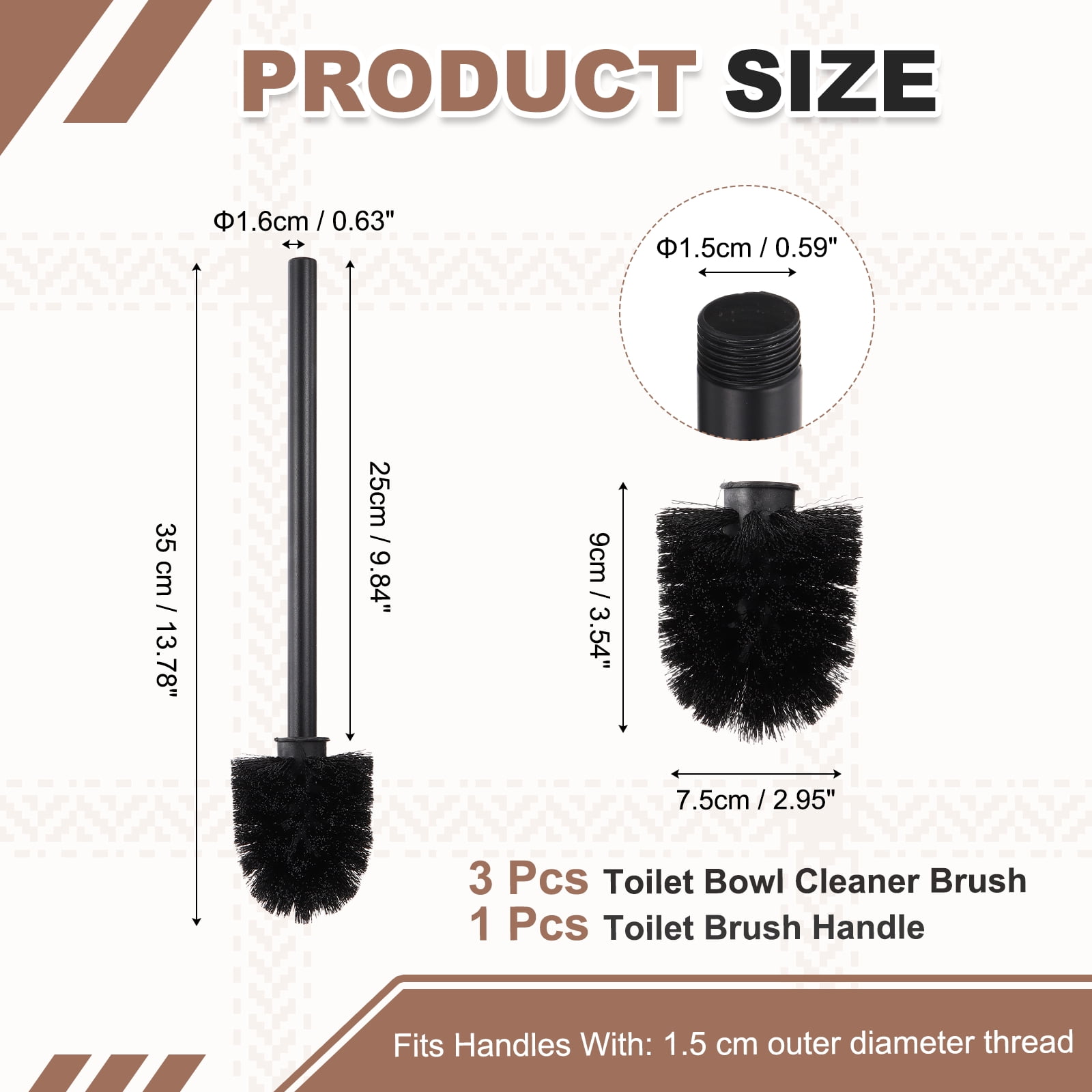 Uxcell 3 Pcs Toilet Brush Set Replacement Head, 9.8 Inch Toilet Brush Refills with Handle, Bathroom Cleaning Tool for Home, Black