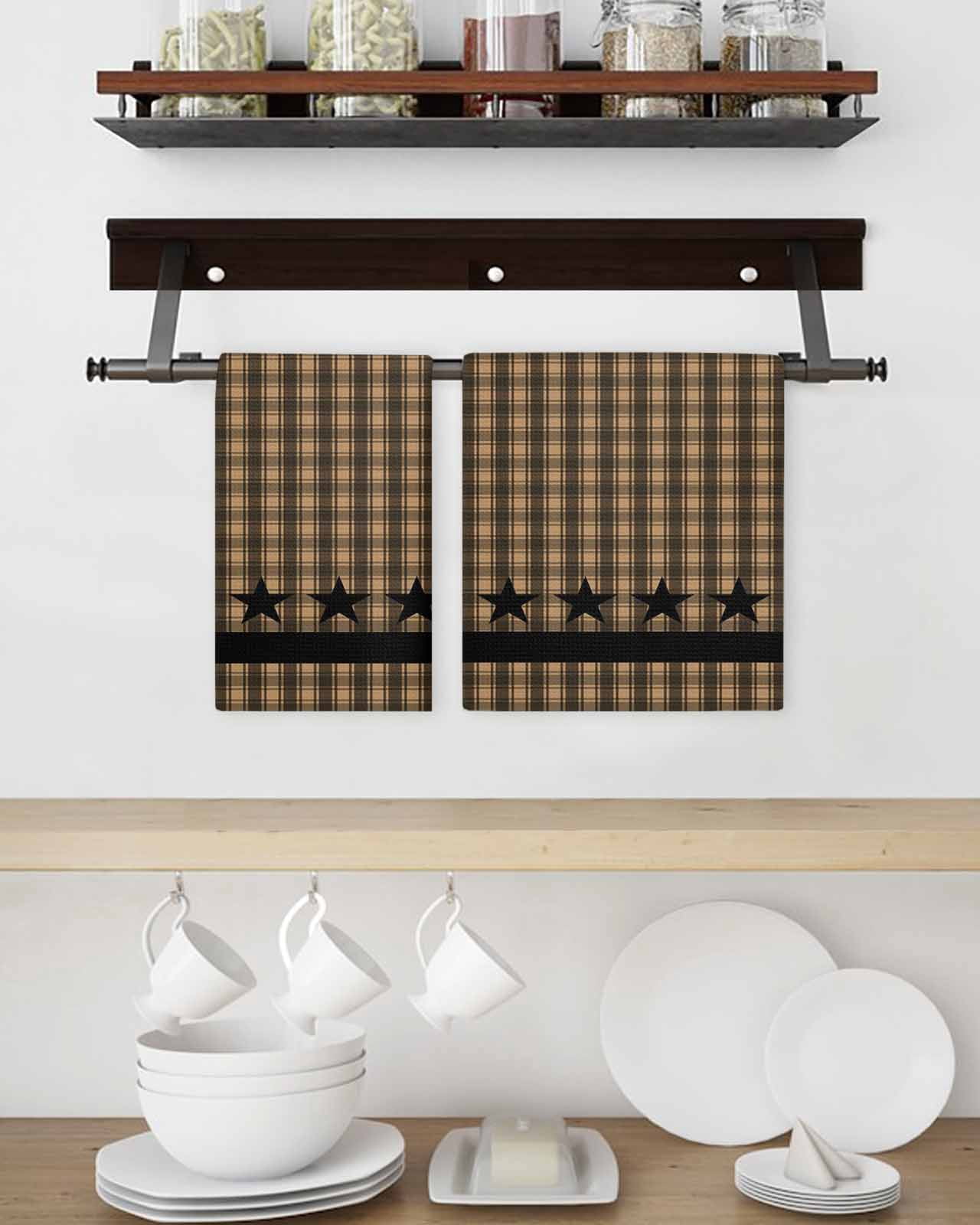 Brown Black Plaid Hand Towels Set, Waffle Weave Kitchen Towels 2 Pieces, Vintage Rustic Star Buffalo Check Microfiber Hair Face Bath Tea Towel Absorbent Quick Drying Cleaning Dish Cloths 15.7"x23.6"