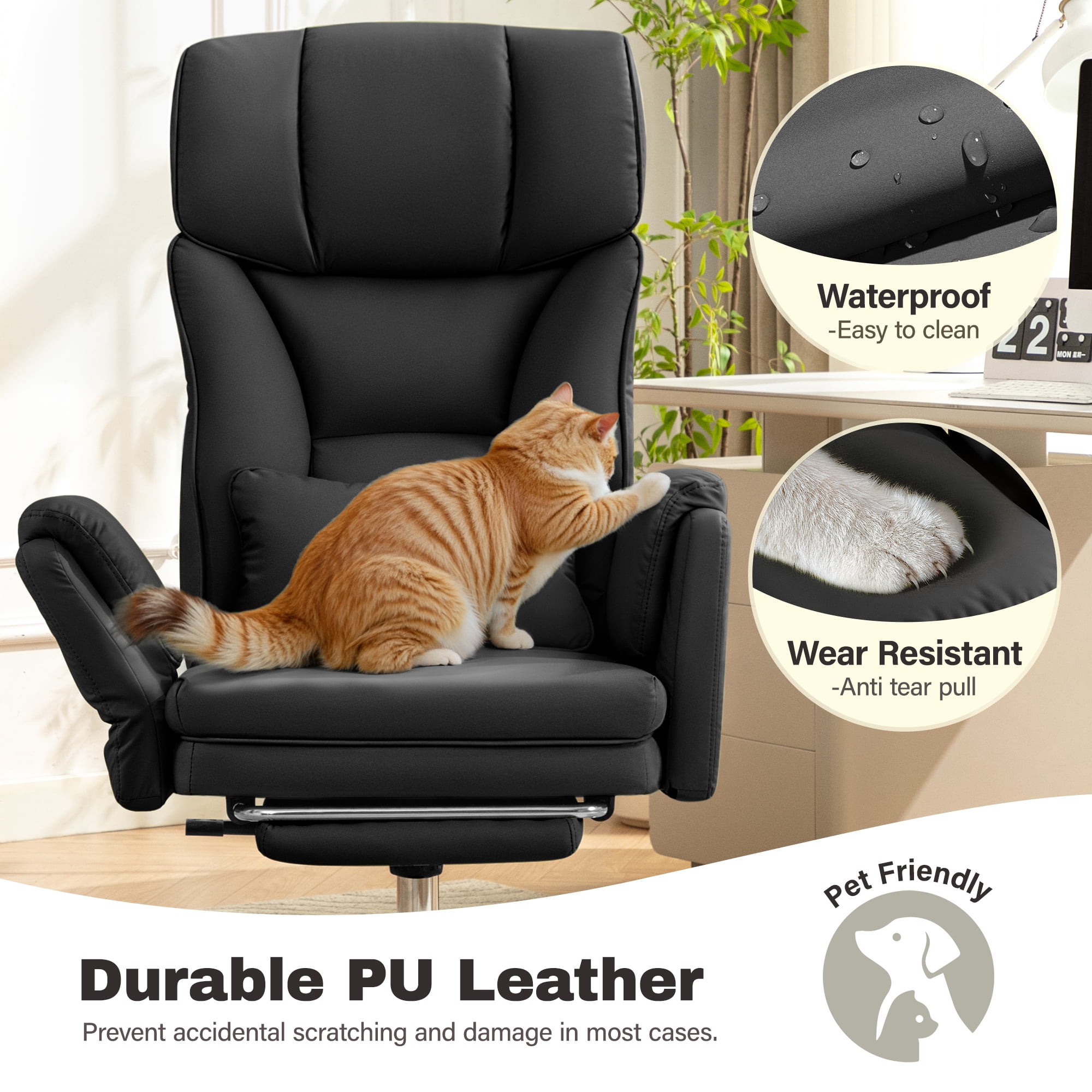 COOLHUT Big and Tall Office Chair, High Back Executive PU Leather Desk Chair with Footrest, Ergonomic Home Office Chair Computer Chair with Lumbar Support & Padded Armrest, Black
