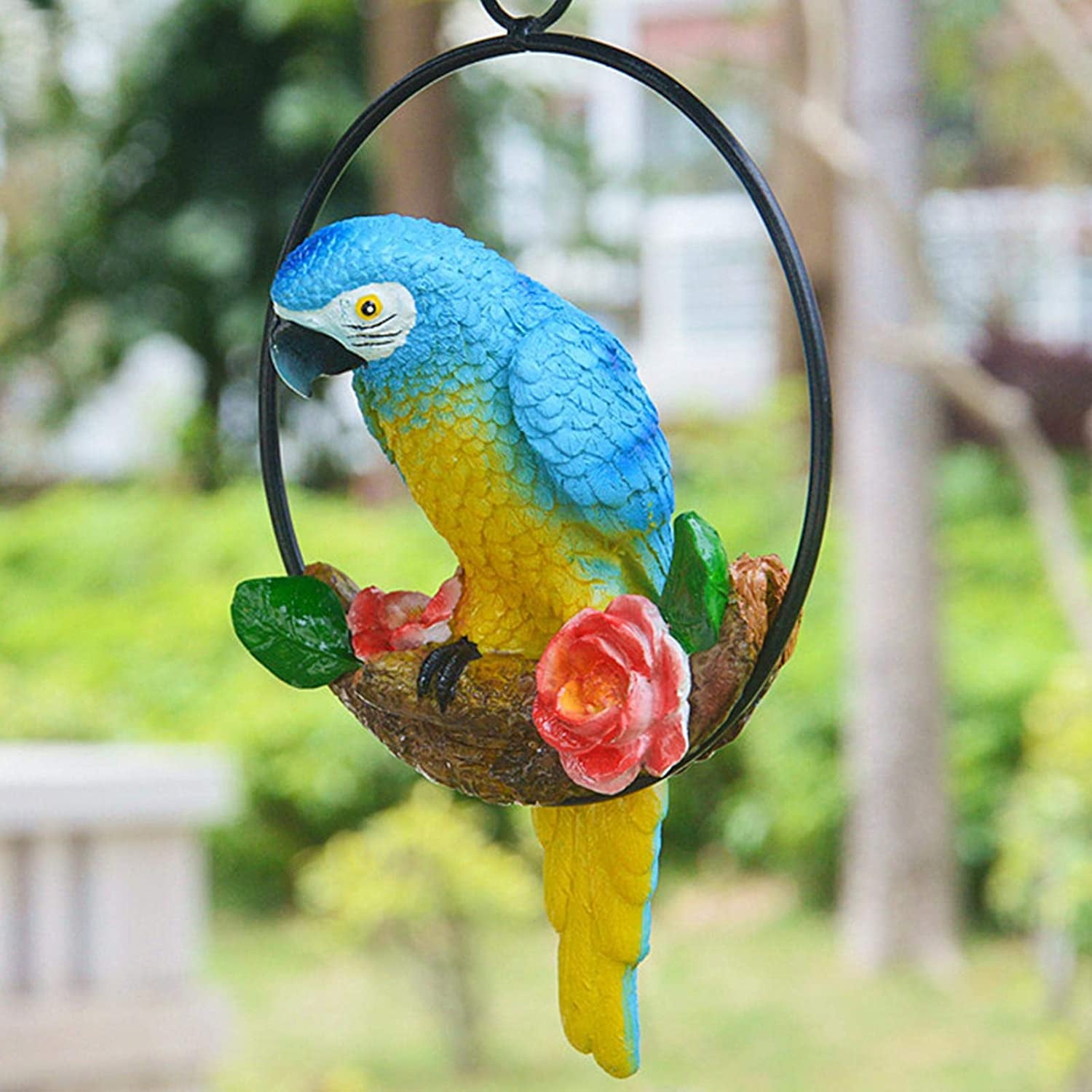 Xiayizhan Patio Home Garden Hanging Macaw Parrot Perching on Branch in Metal Round Ring Figurine Sculpture Nature Lovers Tropical Bird Collectors Decor 