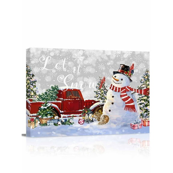 Christmas Snowman Canvas Print Wall Art Framed Canvas Art Wall Decor Xmas Tree Snowflake Winter Truck Gray Pictures Painting Morden Artwork for Living Room Bedroom, Ready to Hang - 12"x16"