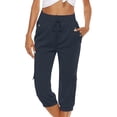thumbnail image 1 of Innerwin Palazzo Pant Drawstring Women Bottoms Beach Solid Color Boho Cargo Cropped Pants Navy Blue S, 1 of 2