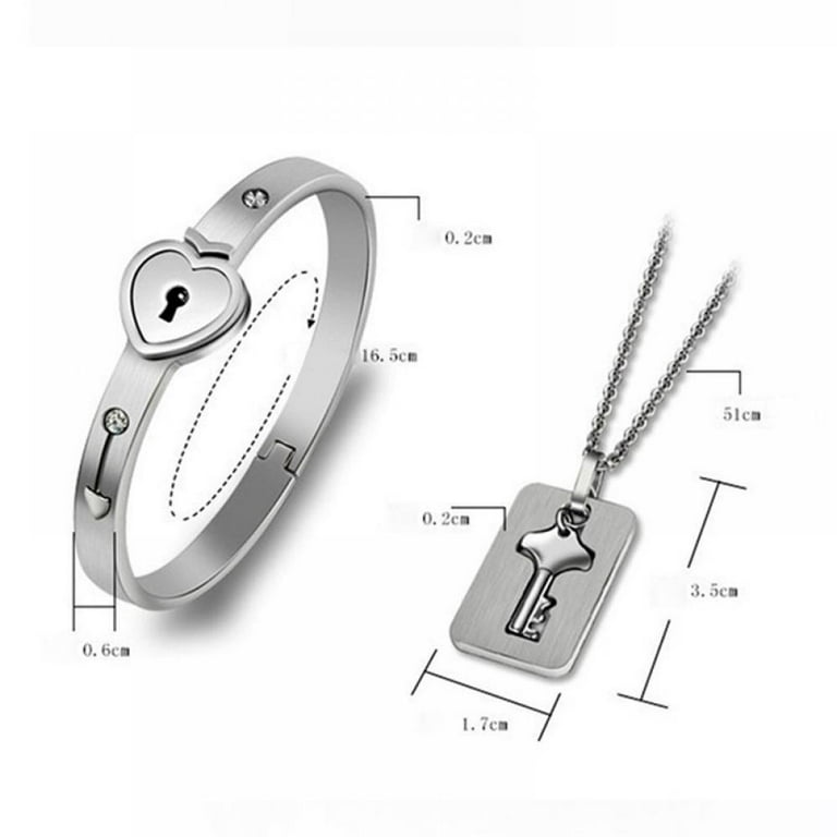 Silver Love Heart Lock Bracelet Key Pendant Necklace Couple Set Titanium  Steel