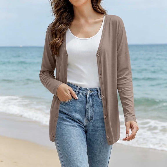 Meichang Women's Long Sleeve Cardigan Open Front V Neck Button Down Cardigans Lightweight Cozy Fall Cardigans