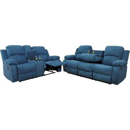 Pemberly Row Contemporary 2-Pieces Microfiber Recliner Sofa Set in Blue