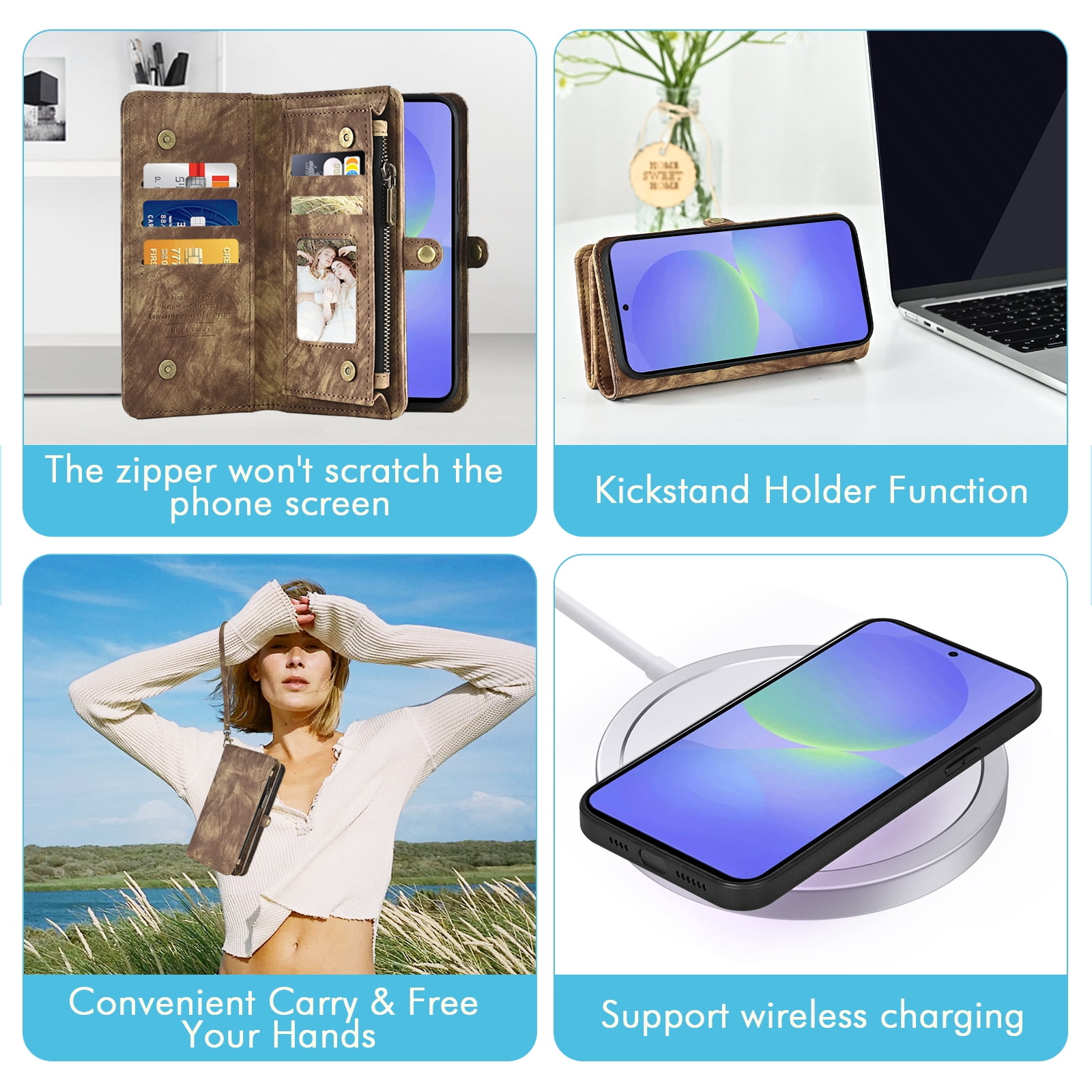 Asuwish Phone Case for Samsung Galaxy A36 5G Zipper Wallet Detachable Cell Cover with Tempered Glass Screen Protector Crossbody Lanyard Strap Flip Card Holder A 36 36A LTE SM-A366U Women Girls Brown