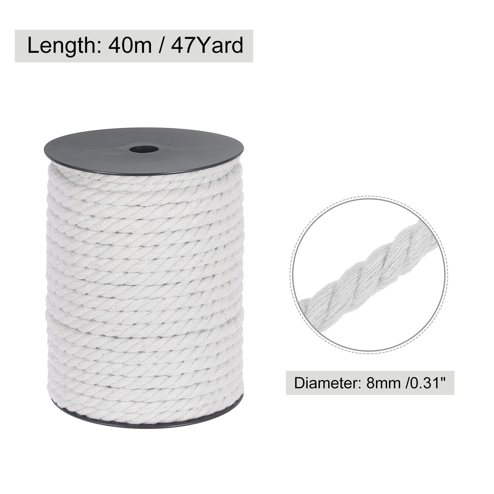 Cotton Rope 3 Strand Twisted Braided Rope Cord, Bleach 40m/47 Yard 8mm Dia for Wall Hanging, Plant Hanger