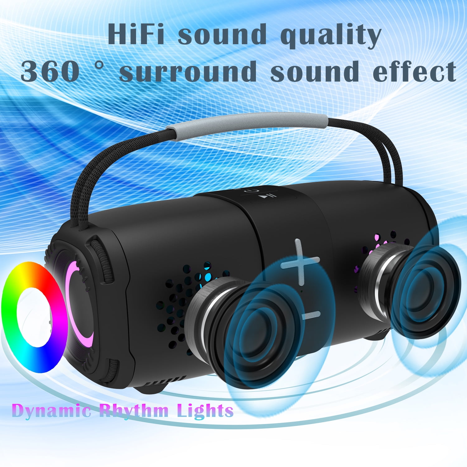 Babyltrl Portable Bluetooth 5.3 Speaker,Wireless Speaker with Dynamic LED Lights and Powerful 360° Sound,TWS Pairing,Outdoor Music Party Show,Black