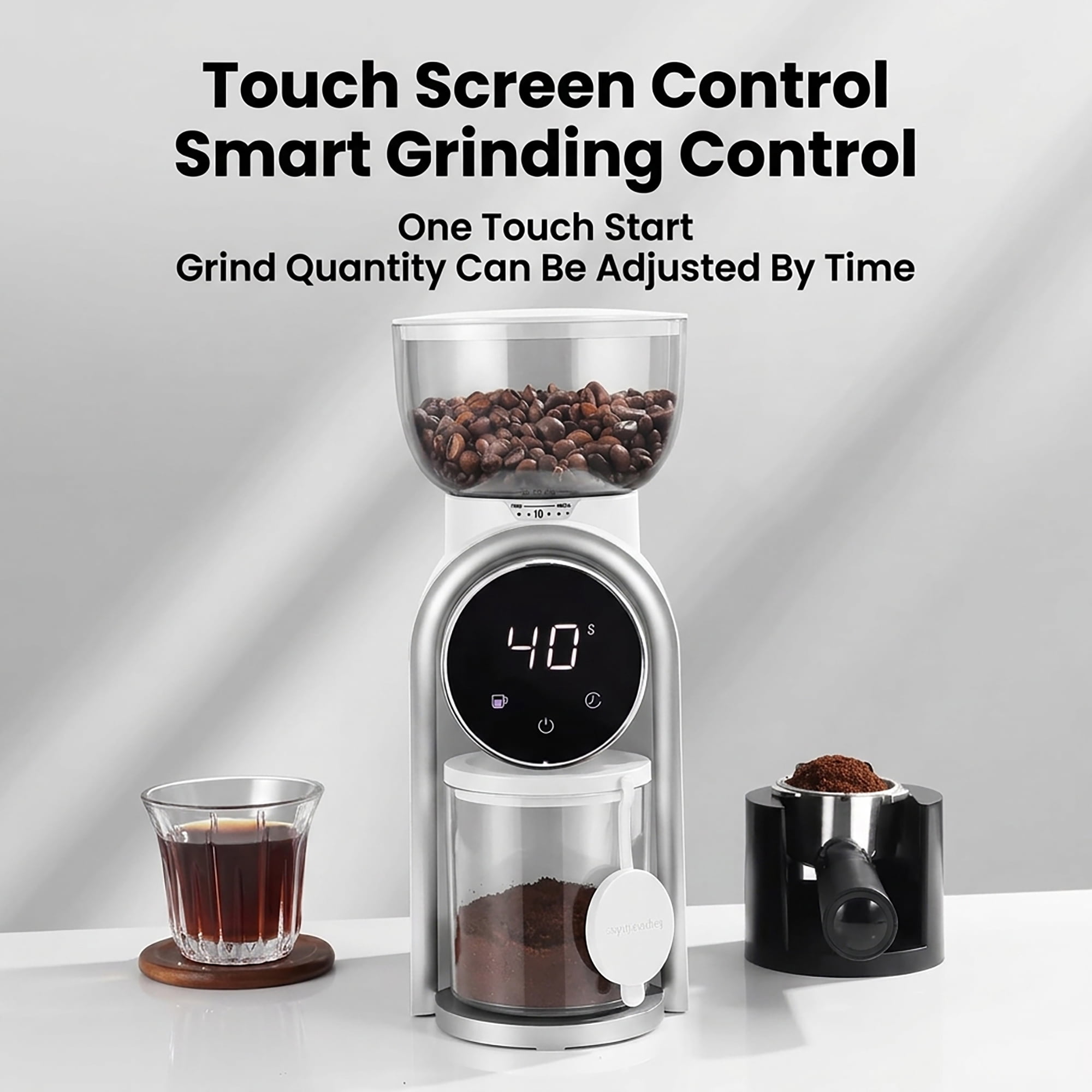 Electric Coffee Grinder LHKLUK, 25 Grind Settings, Timer & Cup Dual Modes, Touch Screen, Stainless Steel Conical Burr, Plastic Body, 250g Capacity, for Home & Commercial Use, White