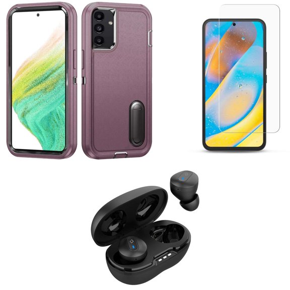 BD Combo Bundle Case for Samsung Galaxy A54 5G Case - (Burgundy) Tough Rugged Protector Stand Cover with Screen Protectors, Premium Wireless Earbuds, TWS with Charging Case